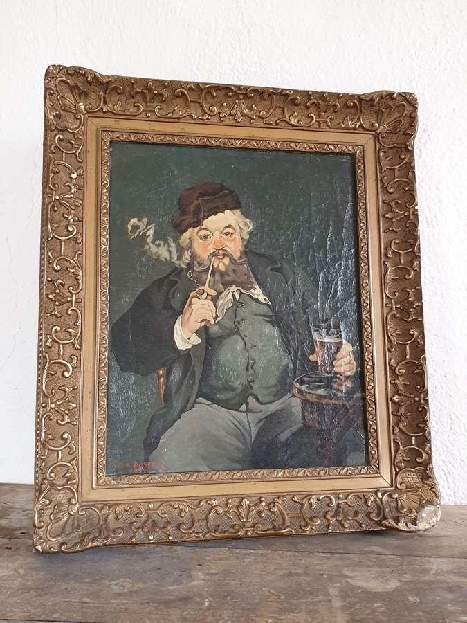 Old Antique Oil on Canvas Portrait "The Jolly Drinker"