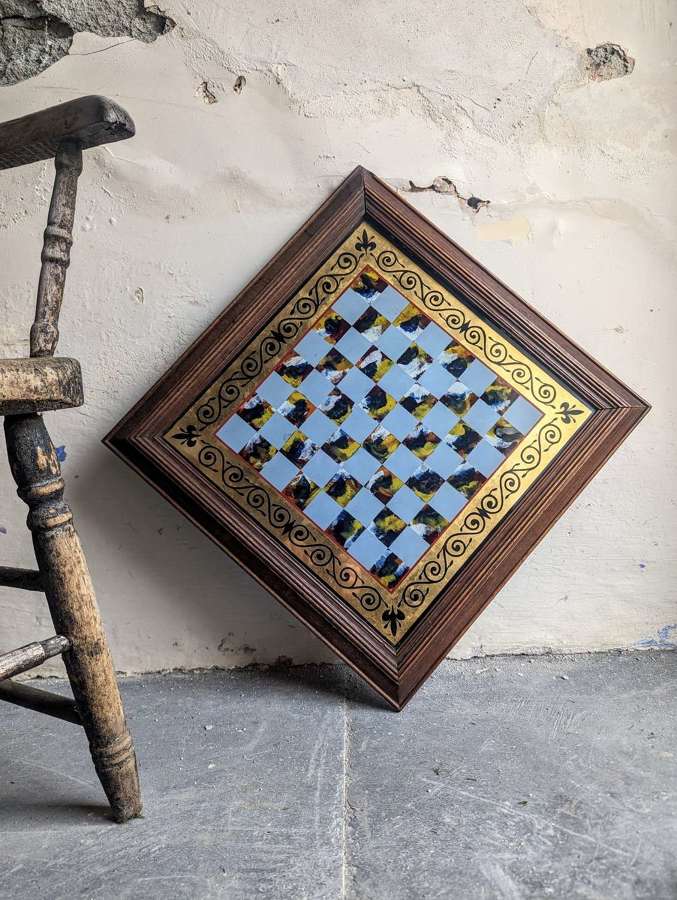 Victorian Reverse Painted On Glass Tavern Chess Board